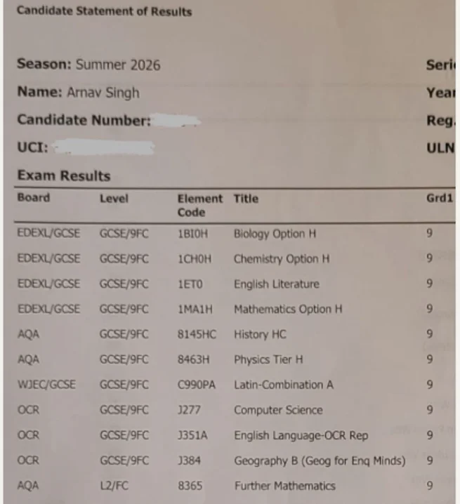 Arnav Singh's candidate statement of results for summer 2026: eleven GCSE subjects, every one graded 9