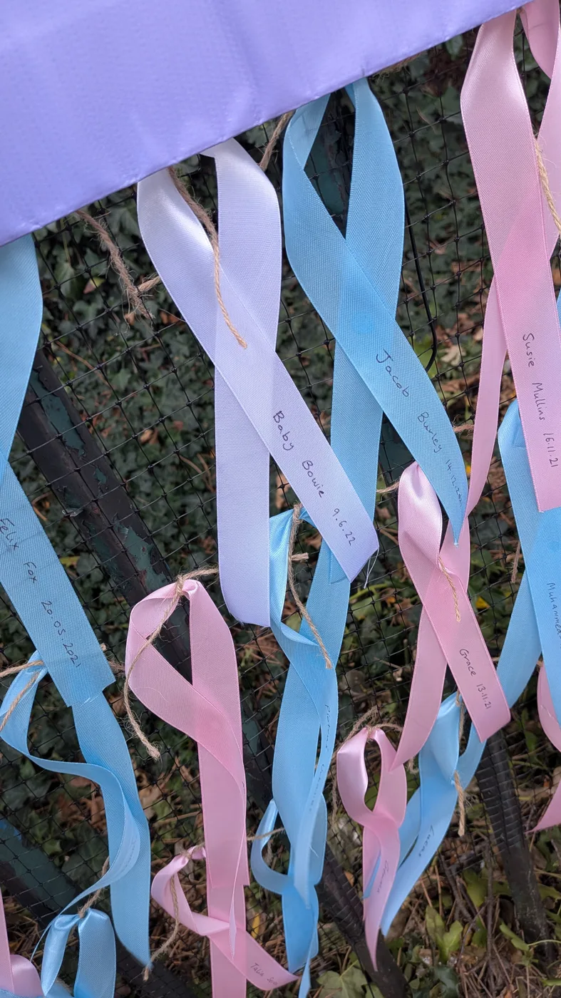 Pink, blue and white ribbons tied with twine to a fence below a lilac banner, several with babies' names and dates written on them in pen