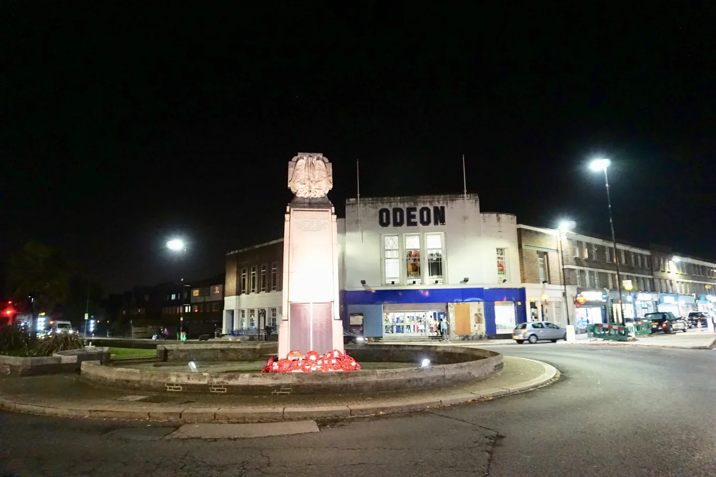 The Odeon, Beckenham, behind the town's war memorial on the roundabout, photographed in November 2018.