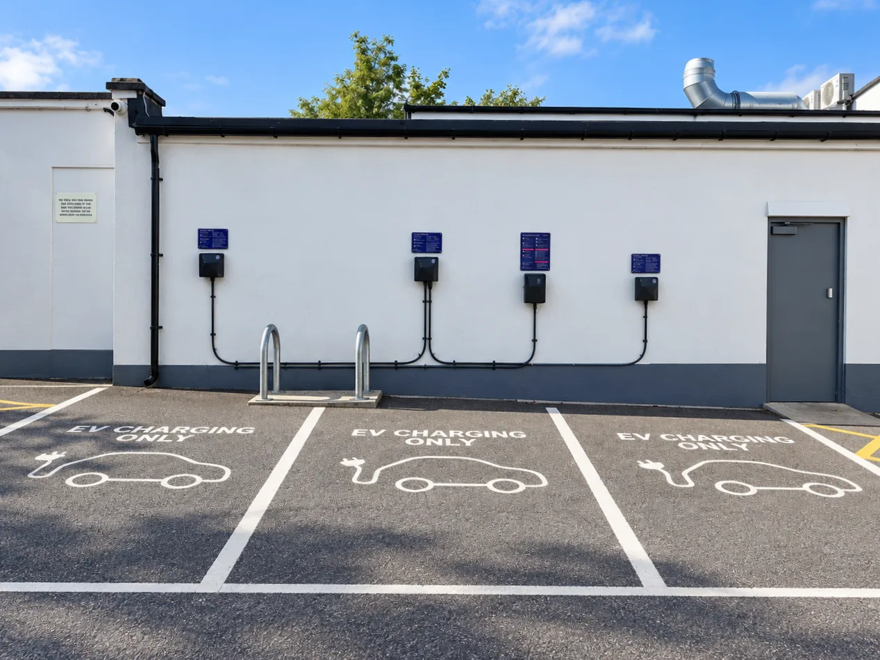 Charging bays marked EV charging only beside the new chargers at The Bromley Court Hotel