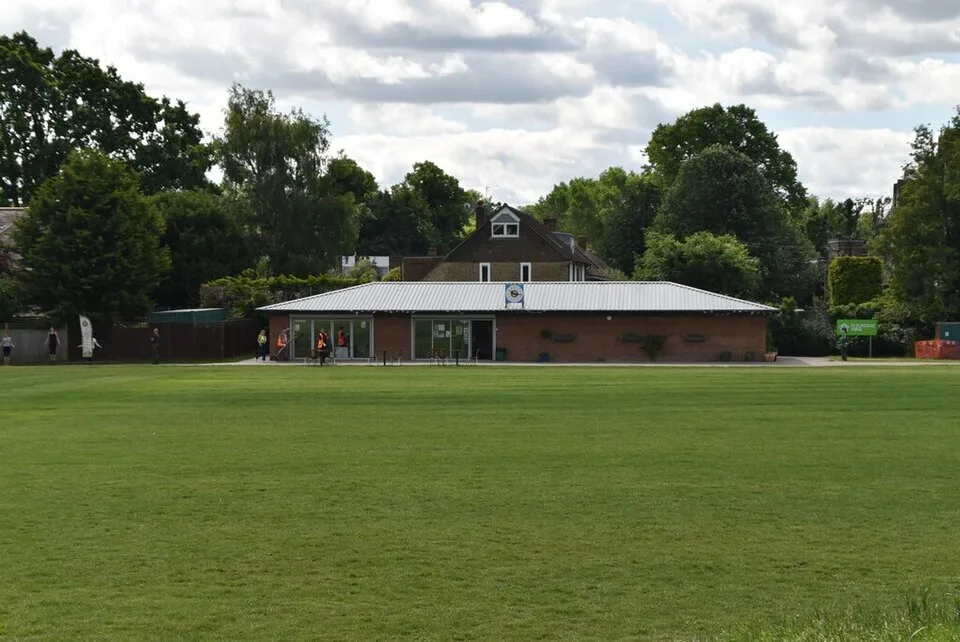 The pavilion and playing field at Chislehurst Recreation Ground in summer