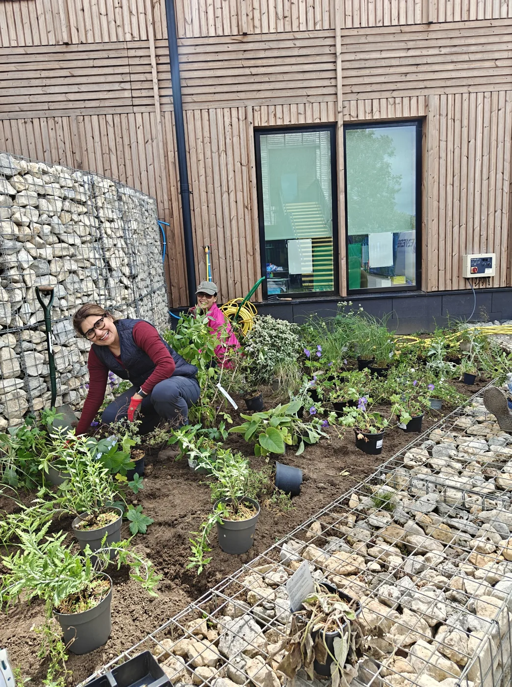 A student kneeling to plant a newly dug bed in front of a timber-clad building at the Mottingham campus