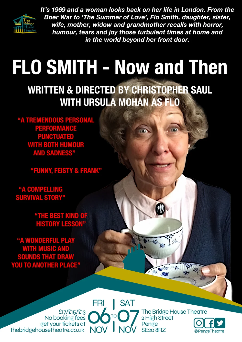 The poster for Flo Smith - Now and Then, at the Bridge House Theatre in Penge on 6 and 7 November