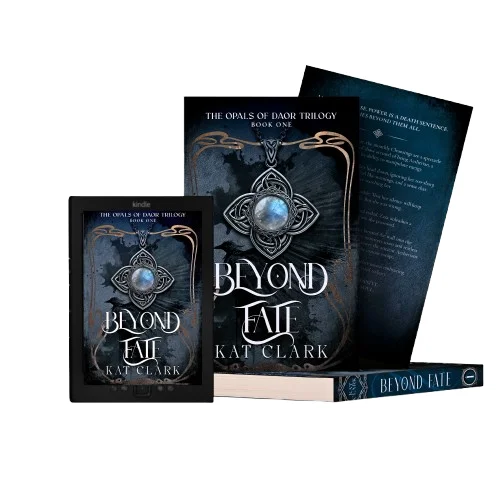 Beyond Fate by Kat Clark shown as a hardback and on an ebook reader, with the Opals of Daor Trilogy Book One cover