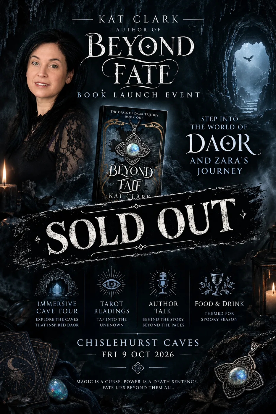 Sold out poster for the Beyond Fate book launch event at Chislehurst Caves on Friday 9 October 2026, listing an immersive cave tour, tarot readings, an author talk and food and drink