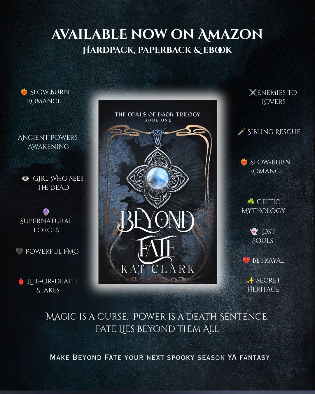 Beyond Fate promotional board listing the book's themes, including a girl who sees the dead, sibling rescue, Celtic mythology, enemies to lovers and lost souls