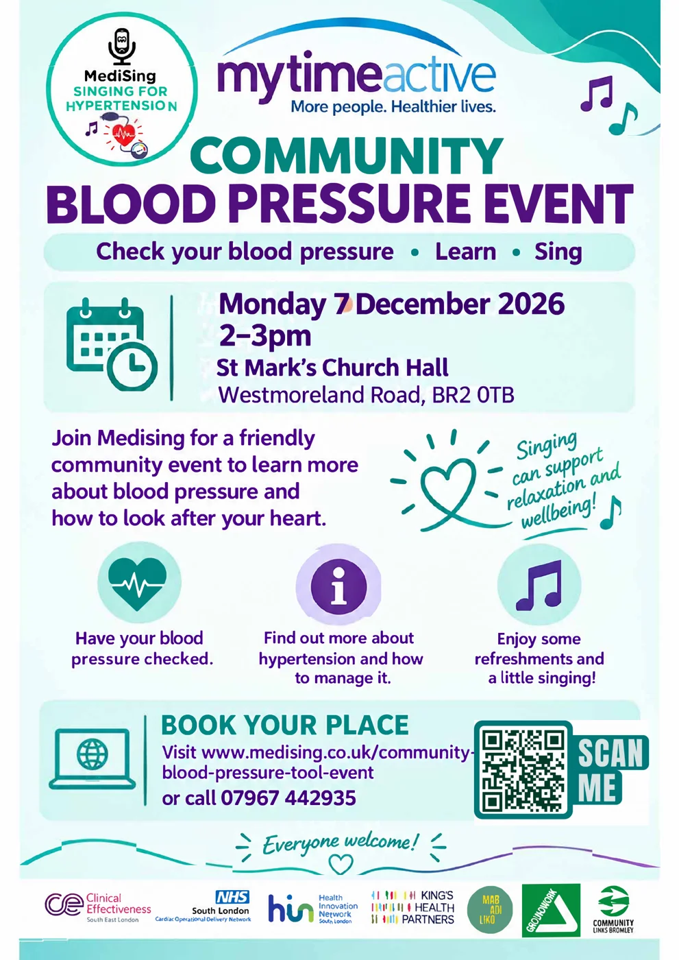 Flyer for the Medising and MyTime Active Community Blood Pressure Event at St Mark's Church Hall, Westmoreland Road, BR2 0TB, on Monday 7 December 2026, 2pm to 3pm, with booking details