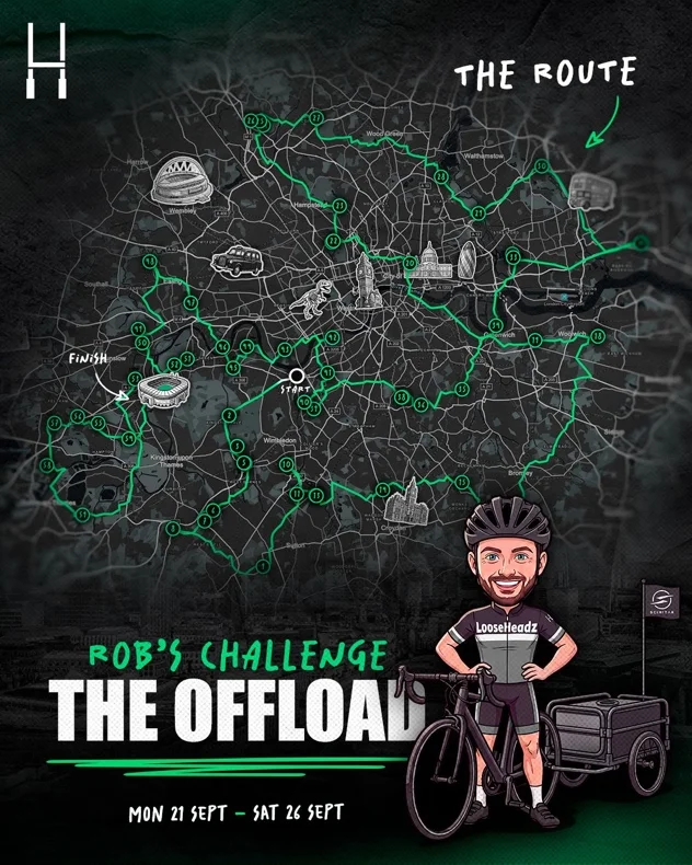The Offload route map supplied by LooseHeadz: a numbered loop around London from a start in Wandsworth to a finish at Twickenham, Monday 21 to Saturday 26 September