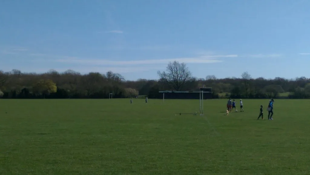Wide grass playing fields at Norman Park under a blue sky, with goalposts, a low pavilion building and a few people playing football in the distance, trees behind