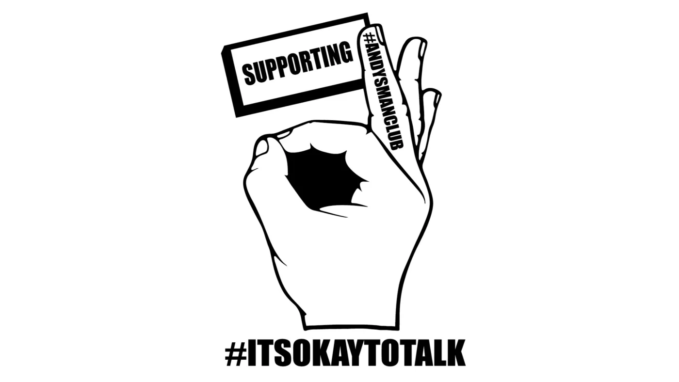 The ANDYSMANCLUB #ITSOKAYTOTALK hand symbol on the cover of the 7 Marathons in 7 Days appeal