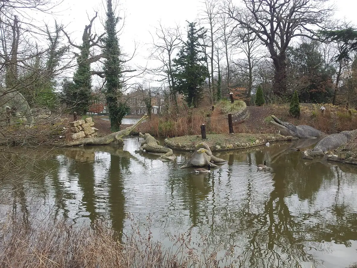 The Crystal Palace dinosaurs, restored and taken off the Heritage at Risk Register in July 2026